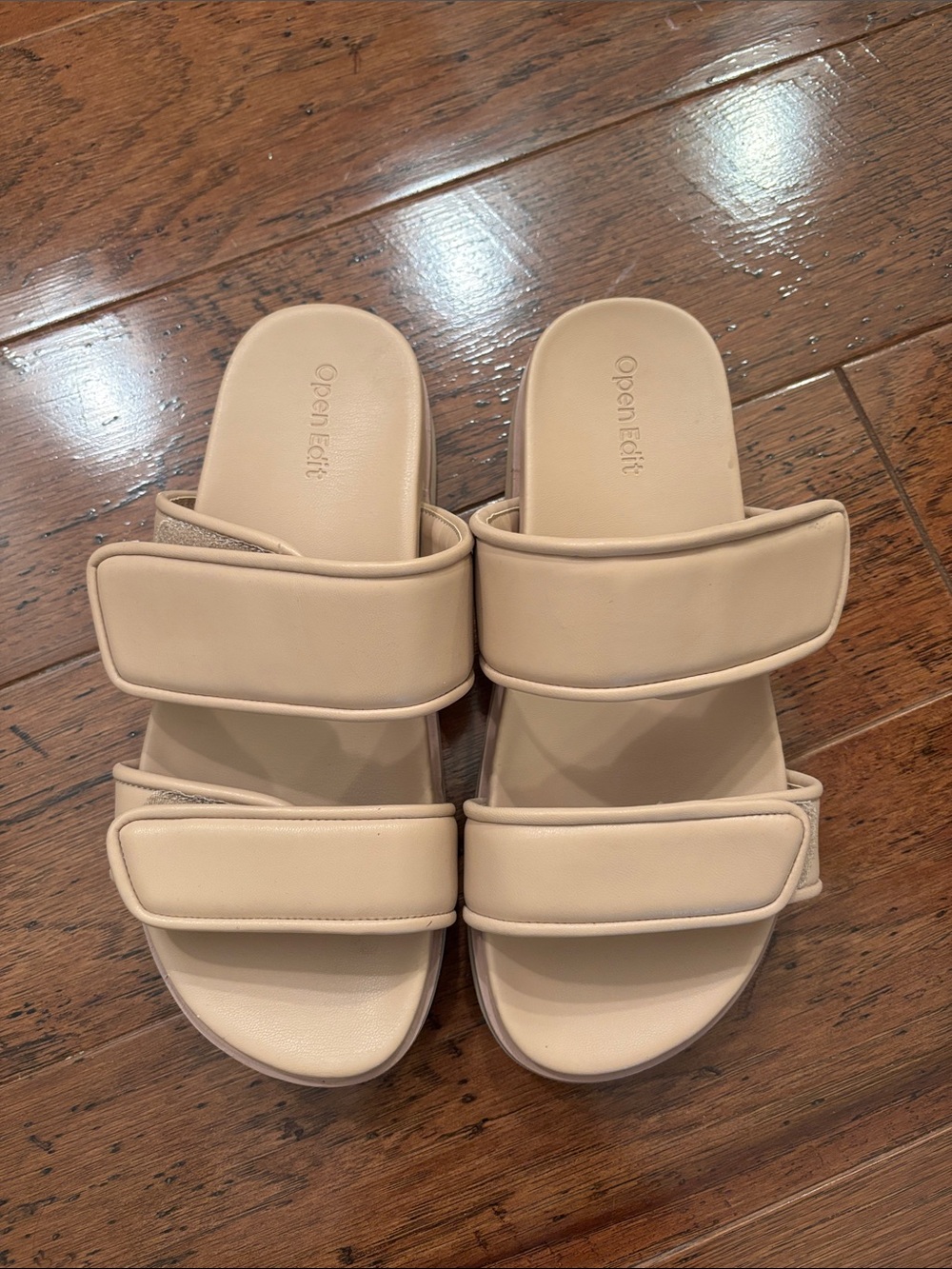 Open Edit Padded Double-Strap Slide Sandals in Cream